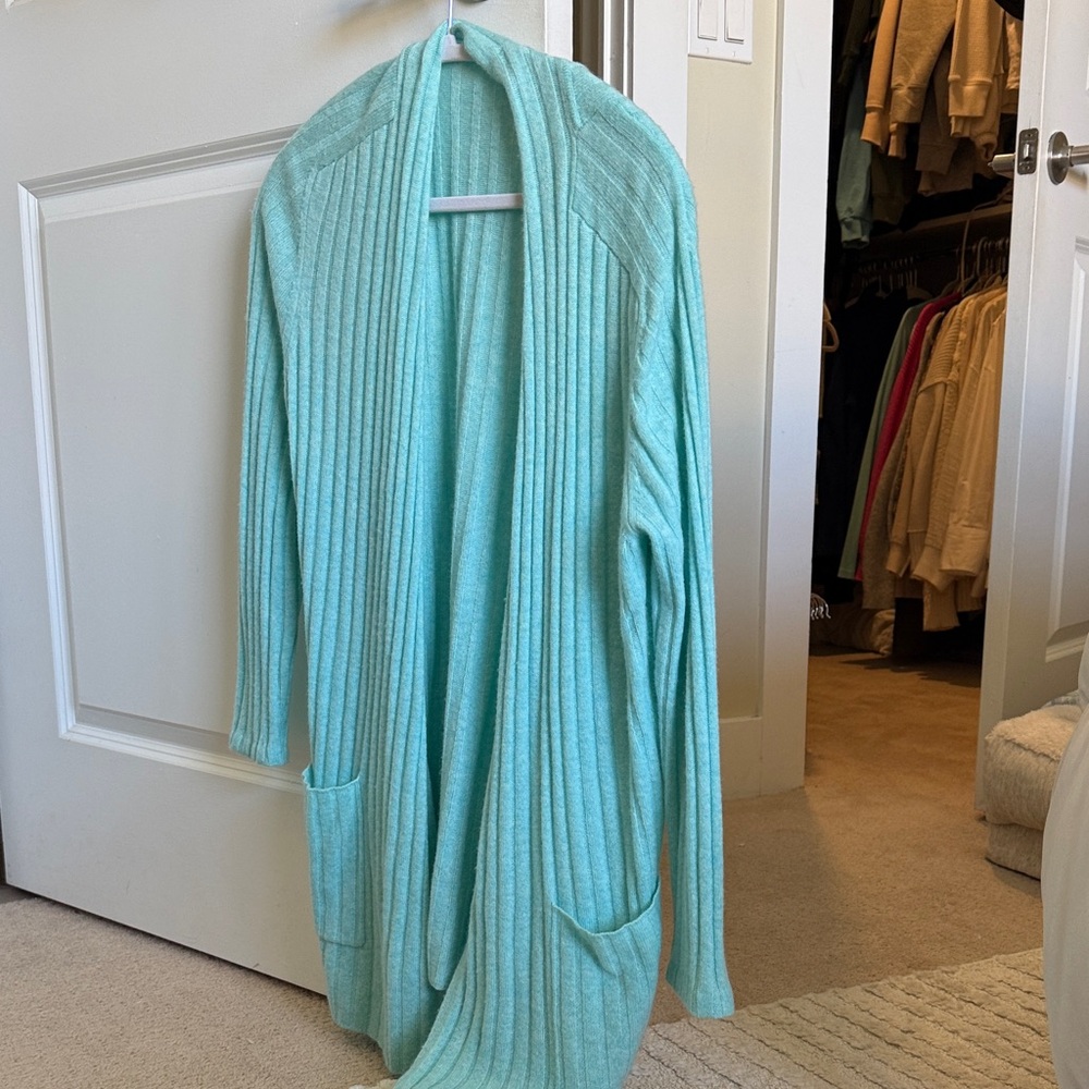 Light Aqua Ribbed Open-Front Women's Sweater Cardigan